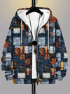Retro plaid patchwork zip-up hoodie for men in multicolor design with full zipper and hood