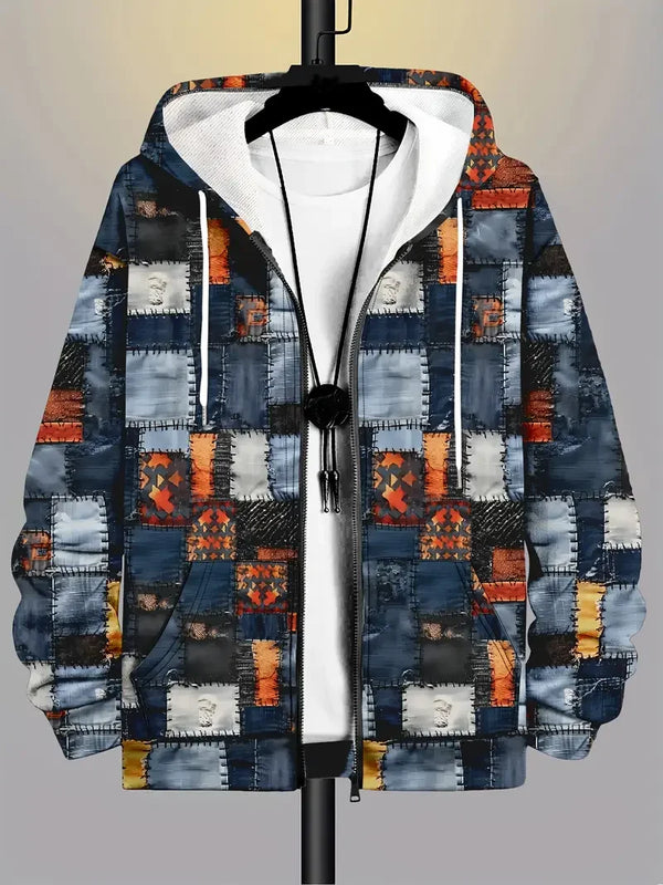 Retro plaid patchwork zip-up hoodie for men in multicolor design with full zipper and hood