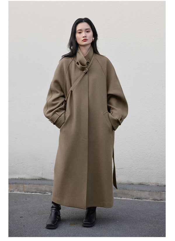 Professional belted woolen coat with sleek single-breasted front closure