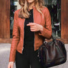 Chic slim fit faux leather moto jacket for women, perfect for autumn and winter, featuring a sleek zipper closure and tailore