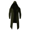Men's hooded fleece-lined winter trench coat in black, featuring a mandarin collar and open stitch closure for easy layering.