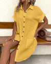 Full-length view of casual mini dress with pockets in lightweight cotton-linen material