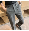 Men's slim fit dress pants in British style with elastic waist, perfect for casual or formal occasions, made from polyester b