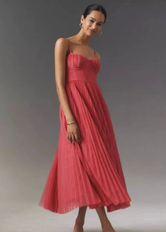 Versatile mid-calf dress in premium polyester with flattering pleated silhouette