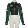 Chic PU leather Y2K motorcycle jacket for women, featuring trendy letter print and lightweight design for casual outings.
