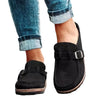 Women's flat mules featuring vintage-inspired buckle strap and cushioned EVA insole for all-day comfort
