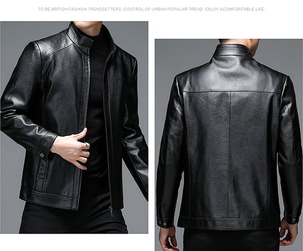 Classic goatskin leather jacket for men, lightweight, stylish, with stand collar and zipper, perfect for spring and autumn.