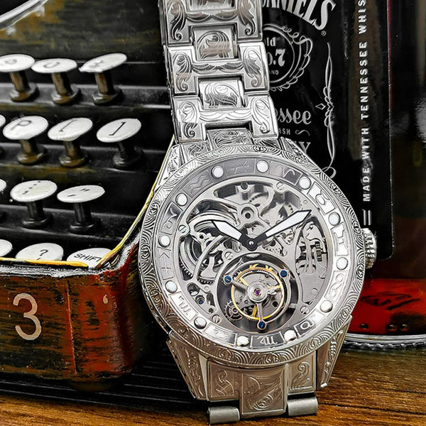 Flat lay of the Timepiece of Triumph with focus on its intricate skeleton dial design.