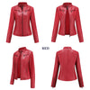 Chic women's slim leather biker jacket with zip detail, stand-up collar, and tailored fit for stylish urban looks.