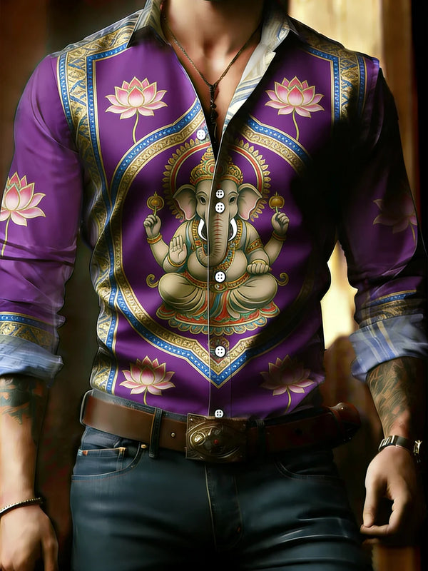 Close-up of 3D elephant totem pattern on silk-polyester blend shirt.