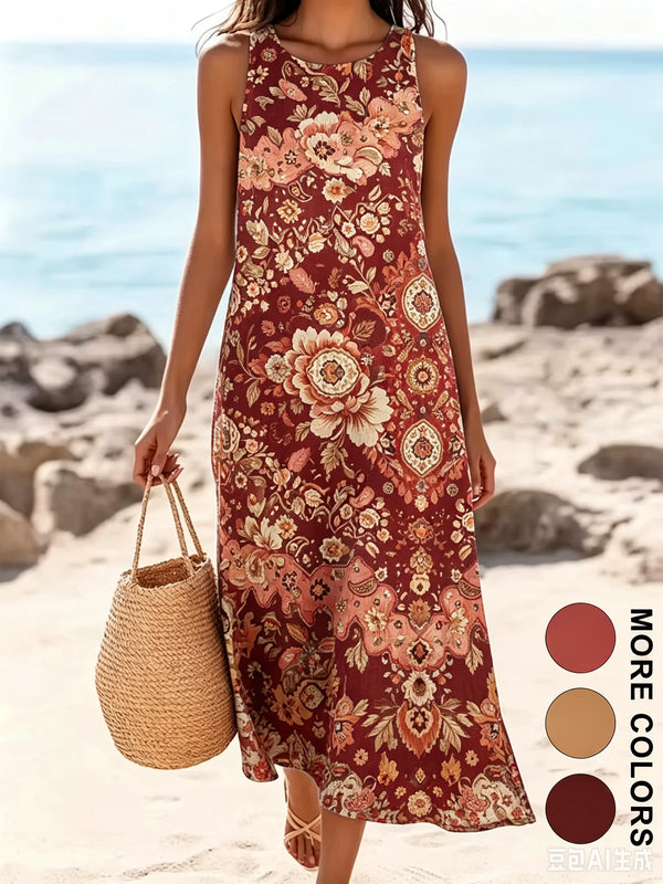 Back view of bohemian floral midi sundress showing flowing fit