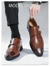 Men's dress shoes featuring monk strap design in rich brown leather