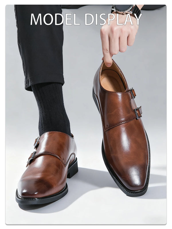 Men's dress shoes featuring monk strap design in rich brown leather
