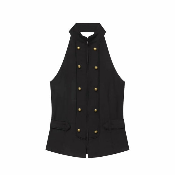 Regular-length halter top showcasing smooth woven fabric and warm tones
