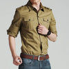 Slim fit military shirts for men in army green and khaki, long sleeve, stylish for business and casual wear.