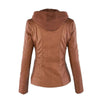Chic hooded faux leather jacket for women in black, perfect for autumn and winter, featuring a detachable hood and zip-up clo