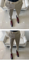 Slim fit business dress pants for men in black, khaki, and navy, perfect for autumn office wear and smart casual events.