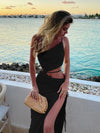 Flowing summer dress with side split and breathable polyester fabric