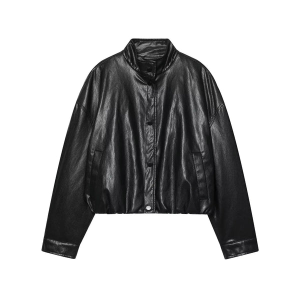Chic faux leather bomber jacket for women, perfect for autumn fashion and versatile layering with a turtleneck collar.