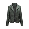 Women's slim fit PU leather motorcycle jacket in black, windproof, stylish, perfect for spring and autumn rides.