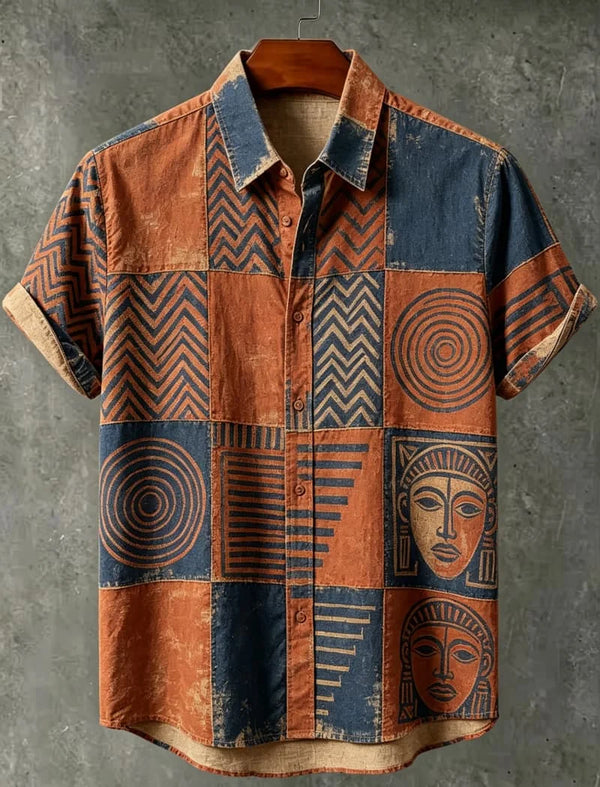 Wanderlust Tribal Geometric Print Vacation Shirt with bold patterns and turn-down collar on white background