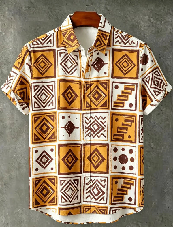 Breathable summer shirt displaying tribal-inspired geometric print perfect for travel and leisure