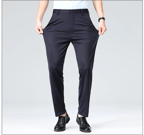 Professional wearing high drape dress pants in air-conditioned office environment