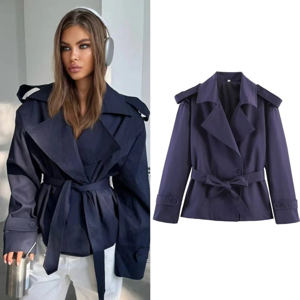 Belted short trench coat with double-breasted buttons in classic beige