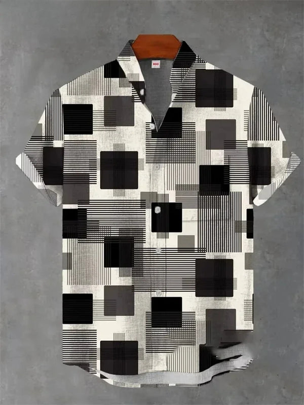 Versatile unisex shirt with geometric pattern and denim texture for warm weather occasions