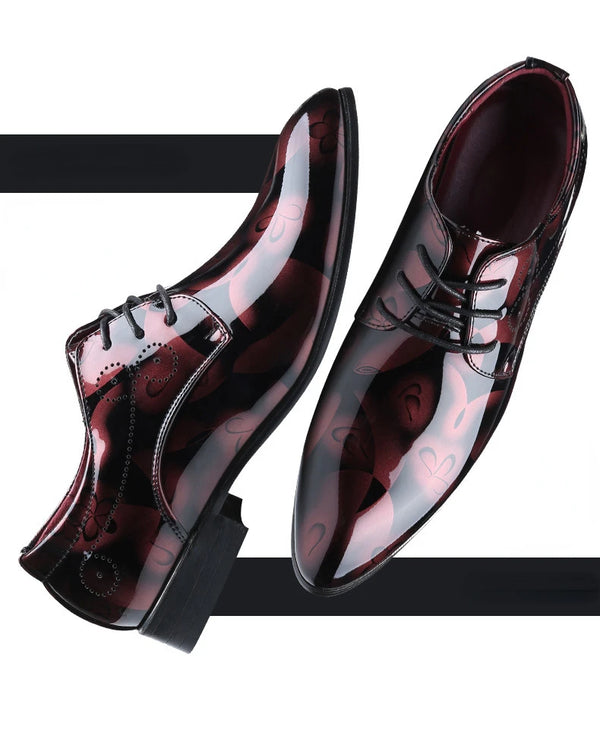 Close-up of the lace-up design on elegant floral men's Oxford shoes.