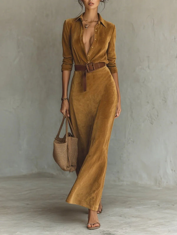 Close-up of the tasteful belt on the Autumn Whispers dress, accentuating the waistline.