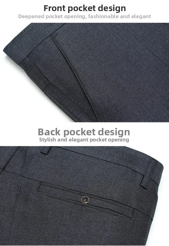 Flat lay of anti-wrinkle polyester trousers showing clean, pressed appearance