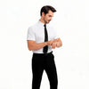 Professional man wearing short sleeve stretch dress shirt in boardroom setting