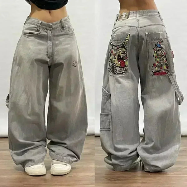 Artistic blue denim jeans with relaxed fit for everyday style.
