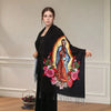 Elegant winter wrap showcasing Virgin Mary of Guadalupe, crafted from delicate polyester for comfort.