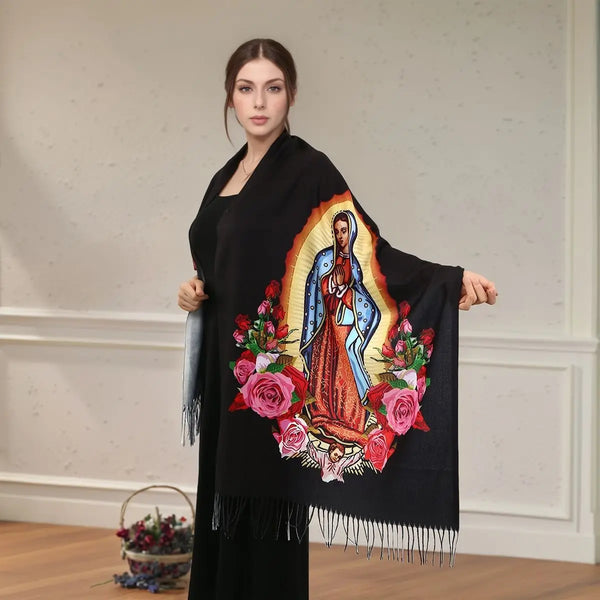 Elegant winter wrap showcasing Virgin Mary of Guadalupe, crafted from delicate polyester for comfort.