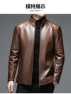 Classic goatskin leather jacket for men, lightweight, stylish, with stand collar and zipper, perfect for autumn and spring.