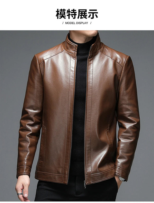 Classic goatskin leather jacket for men, lightweight, stylish, with stand collar and zipper, perfect for autumn and spring.