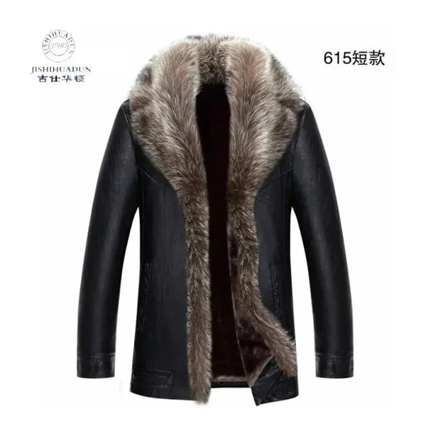 Back view of luxurious men's leather jacket with fur collar.