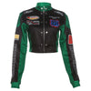 Chic PU leather Y2K motorcycle jacket for women with trendy letter print, perfect for spring and autumn casual outfits.