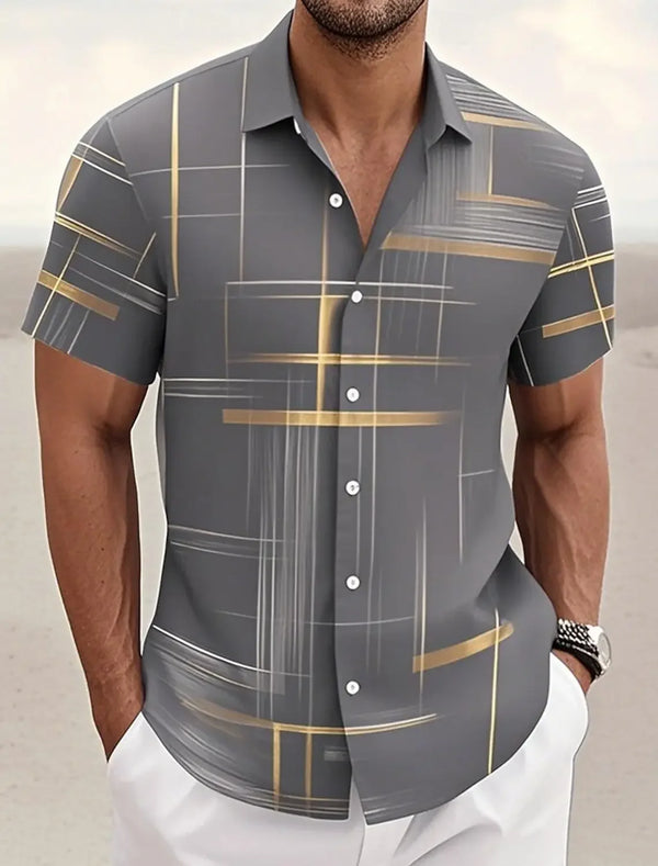 All-season short sleeve shirt with modern grid design and comfortable regular fit silhouette