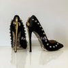 Crystal-Embellished Stiletto Pumps with pointed toe in sleek black PU leather.