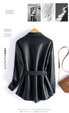 Chic sheepskin leather jacket for women with turn-down collar, lace-up belt, and adjustable waist for a stylish fit.
