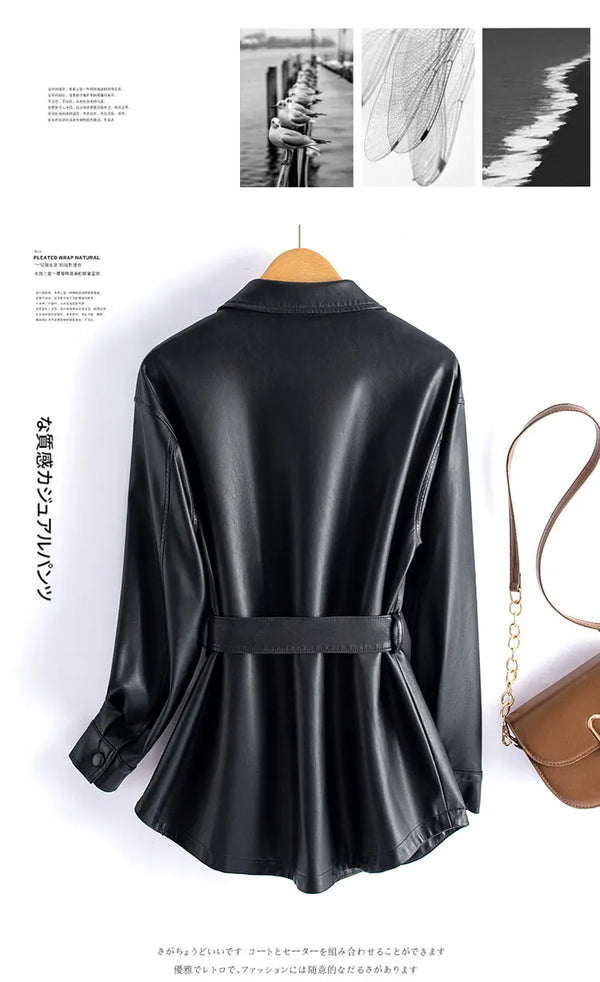 Chic sheepskin leather jacket for women with turn-down collar, lace-up belt, and adjustable waist for a stylish fit.