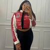 Chic PU leather Y2K motorcycle jacket for women with trendy letter print, perfect for spring and autumn casual outfits.
