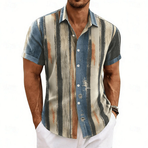 Casual vertical stripe shirt with vintage color blocking and single-breasted front closure