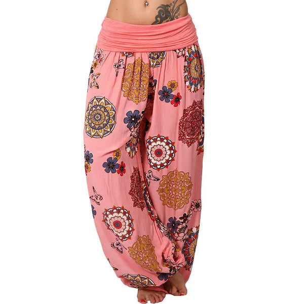 Boho chic wide leg harem pants for women with geometric print, ankle-length, mid-rise, and relaxed fit for all occasions.