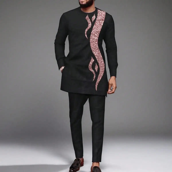 Complete African heritage ensemble with matching patchwork shirt and comfortable nine-cent pants