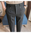 Men's slim fit dress pants in British style with elastic waist, perfect for casual and formal occasions, made from polyester