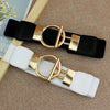 Chic elastic waist belt with round metal buckle, stylish PU leather accessory for women, perfect for casual or formal outfits